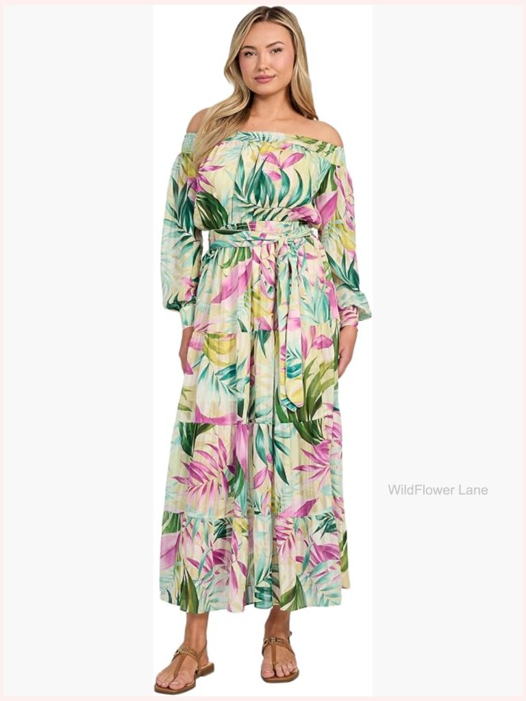 Off Shoulder Maxi Dress With Balloon Sleeves, Tiered Skirt